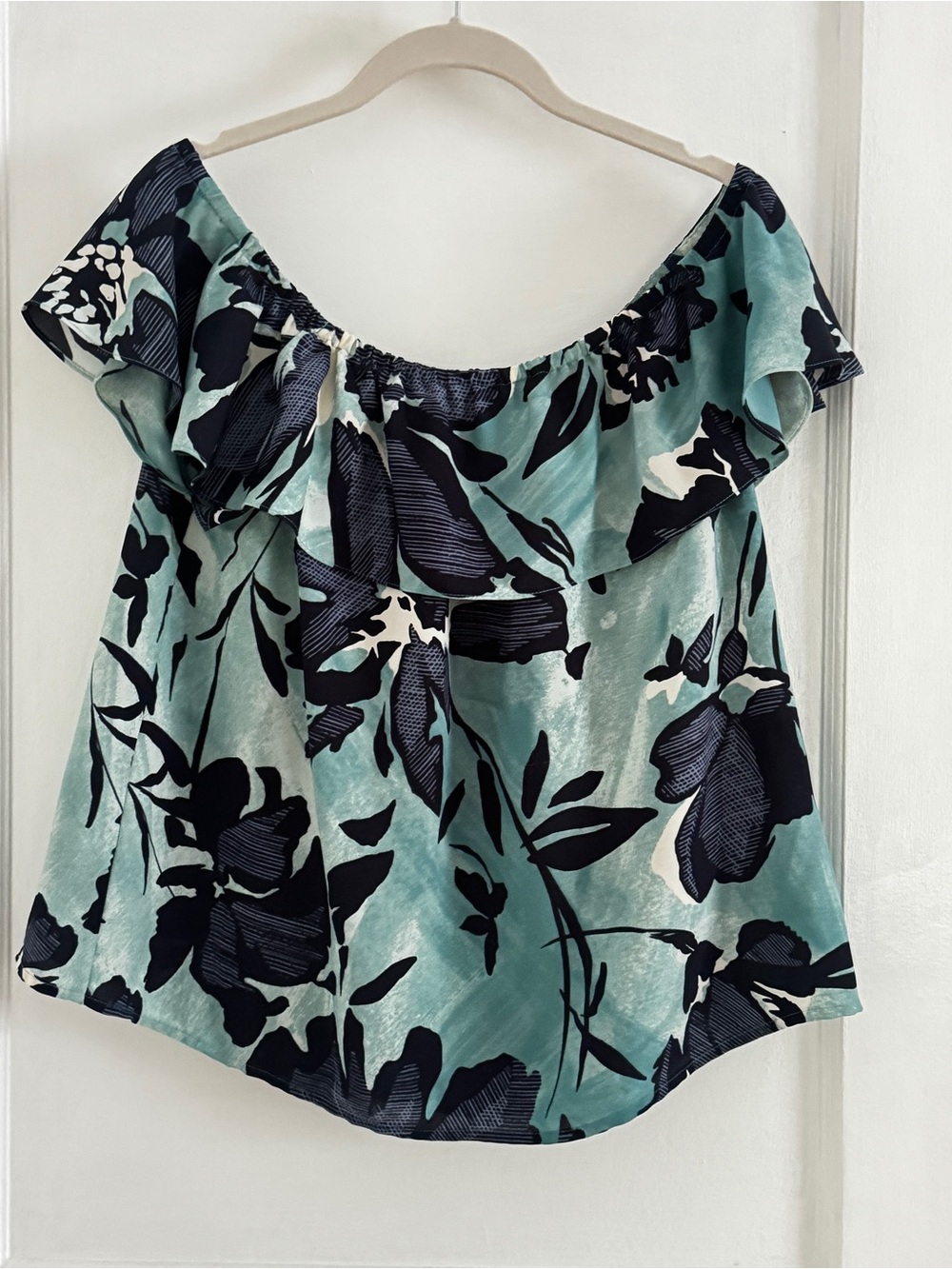 Anthropologie Maeve Off-Shoulder Floral Ruffle Top in Seafoam Green